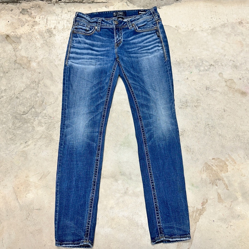 Silver SUKI Mid Skinny Jeans Womens W32 L31 Western Glove Works‎ Super Stretch